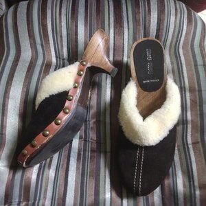 ❤️MIU MIU Studded Brown Suede Wood Sheelpskin Clogs Slides Shoes Sz 5